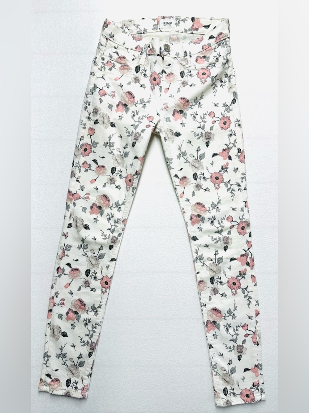 Hudson Jeans White Skinny Jeans with Pink Floral Print
